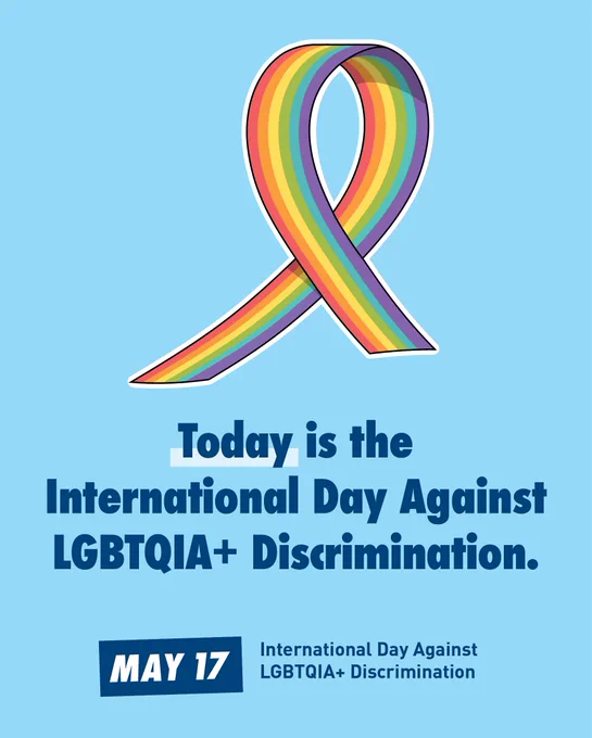 Rainbow awareness ribbon on a light blue background with text reading “Today is the International Day Against LGBTQIA  Discrimination.” A blue label at the bottom reads “May 17 – International Day Against LGBTQIA  Discrimination.” 