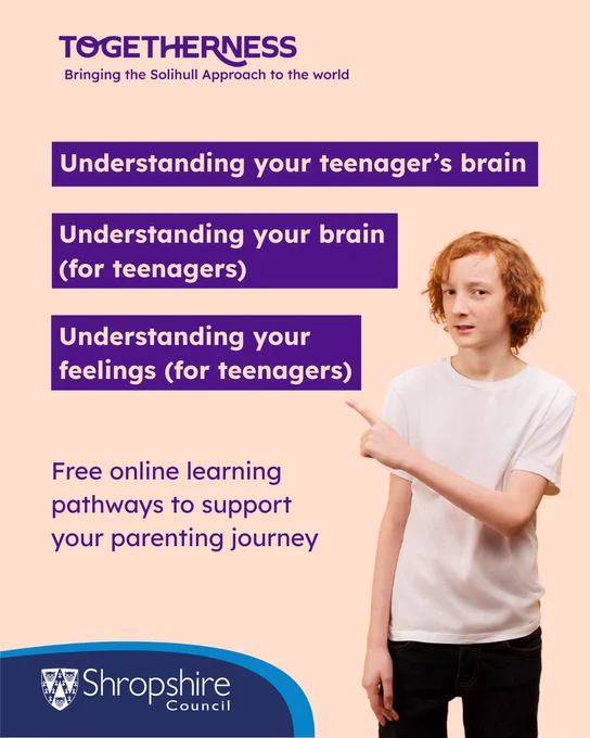 A teenage boy pointing to the titles of the different online learning pathways available to parents and their teens.   They are 1, Understanding your teenager's brain. 2, Understanding your brain (for teenagers). 3, Understanding your feelings for teenagers).
