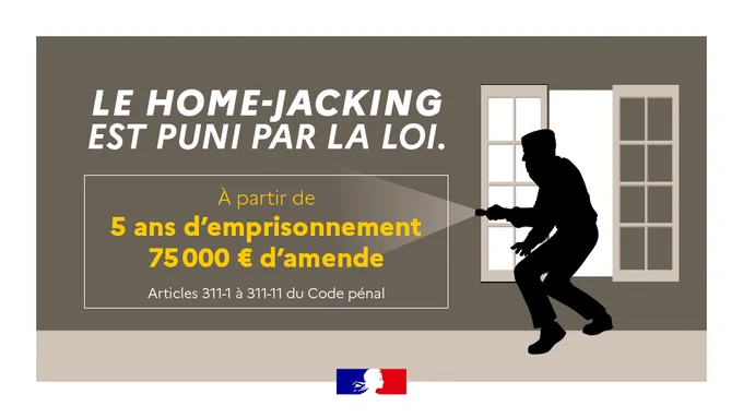 Infographie avec le texte suivant : le homejacking est puni par la loi. À partir de 5 ans d’emprisonnement et 75 000 euros d’amende. Articles 311-1 à 311-11 du Code pénal.