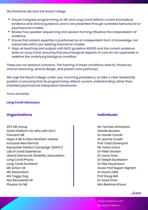 A letter from Long Covid Advocacy to the Royal College of Psychiatrists and President Elect Prof Subodh Dave discusses integrating patient experience into ME care and highlights concerns about psychiatric-led approaches.