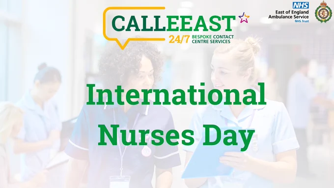 Three nurses in uniform standing together in a hospital corridor, celebrating International Nurses Day with NHS logos visible.