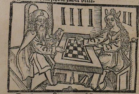 Woodcut showing a man and woman playing chess