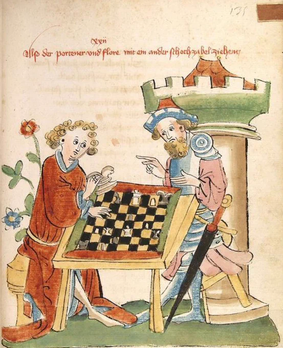 Manuscript miniature showing two men playing chess in front of a tower.