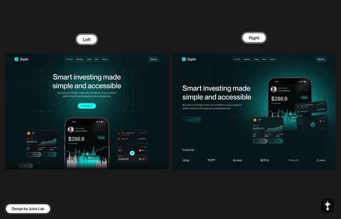 Side-by-side comparison of two dark-themed Zypto homepage designs. Left version shows multiple phone mockups with portfolio values and charts. Right version features a larger phone mockup with floating widgets and logos of Uber, Amazon, Slack, Netflix, Tesla, and Adobe under "Trusted By". Both designs have the headline “Smart investing made simple and accessible”.
