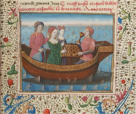 Manuscript image of people on a boat, with a man and woman playing chess as the man drinks from a cup