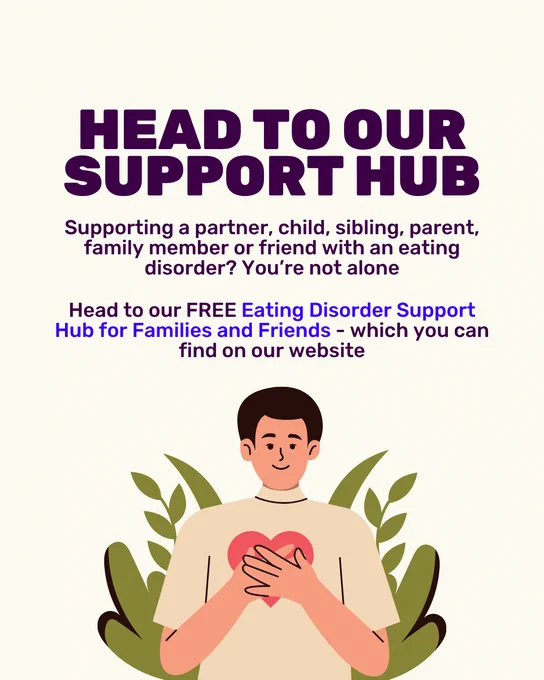 Graphic with a cream background and dark purple text. Capitalised title reads 'Head to our support hub'. Text underneath reads 'Supporting a partner, child, sibling, parent, family member or friend with an eating disorder? You’re not alone. Head to our FREE Eating Disorder Support Hub for Families and Friends - which you can find on our website.' An illustration underneath is of a man holding a red heart up to his chest, smiling.