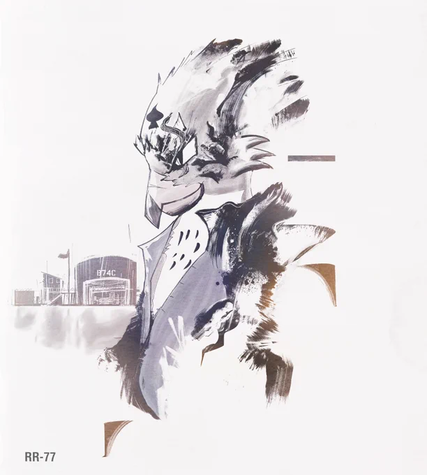 Yoji Shinkawa style artwork of a Falcon character looking to the left. There is a military base painted into the background. 