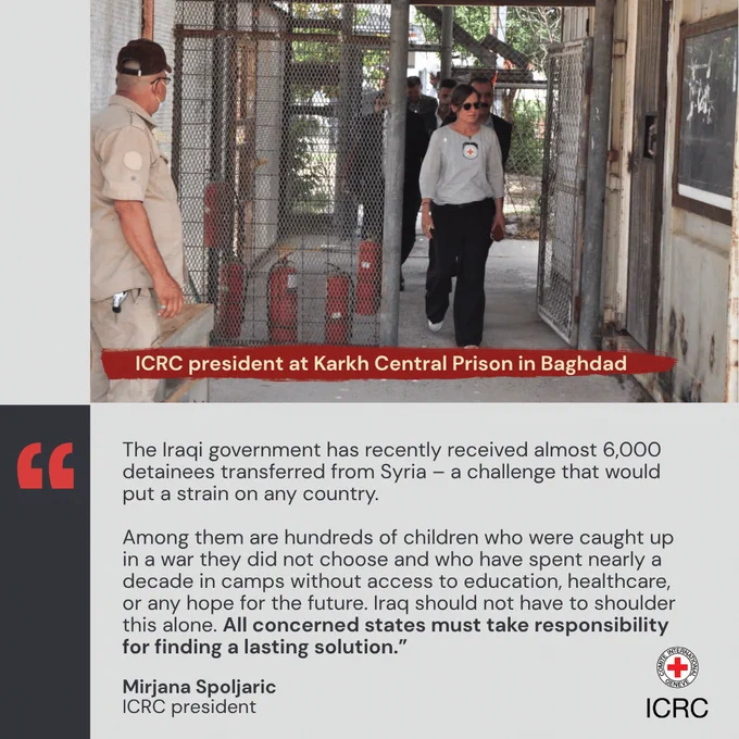 \"The Iraqi government has recently received almost 6,000 detainees transferred from Syria \u2013 a challenge that would put a strain on any country.   Among them are hundreds of children who were caught up in a war they did not choose and who have spent nearly a decade in camps without access to education, healthcare, or any hope for the future. Iraq should not have to shoulder this alone. All concerned states must take responsibility for finding a lasting solution.\u201D 