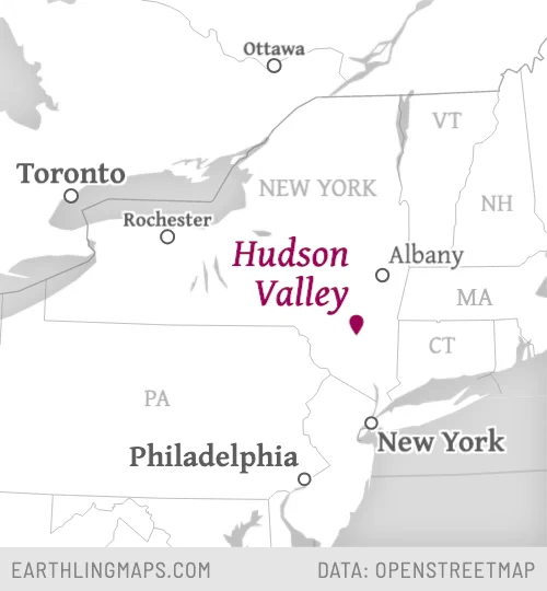 Regional map pointing out the Hudson Valley