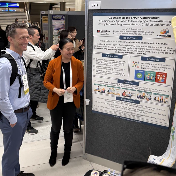 MacART member Dr. Vivian Lee stands and smiles next to her poster titled Co-Designing the SNAP-A Program: A Participatory Approach to Developing a Neuro-Affirming, Strength-Based Program for Autistic Children with Challenging Behaviours and Their Families.