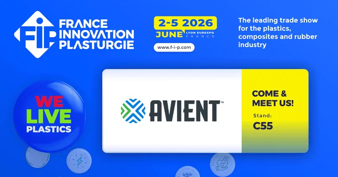 Promotional banner for the France Innovation Plasturgie trade show, June 2-5, 2026, at Lyon Eurexpo. Features Avient logo with an invitation to visit Stand C55. Bright blue background includes event branding, dates, website URL, and a "We Live Plastics" badge.