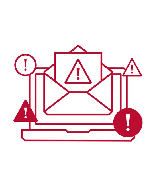 A laptop displaying an email symbol with exclamation points all around.