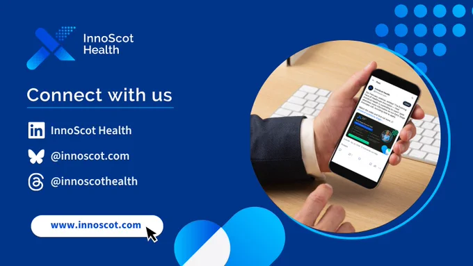 A person holding a smartphone displaying a social media page. The background features a logo and text: "InnoScot Health" with icons and contact information for LinkedIn (InnoScot Health), Twitter (@innoscot), and email (@innoscothealth). A website link, "www.innoscot.com," is highlighted. Blue and white design elements decorate the image.