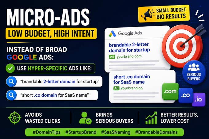 A dark-themed marketing thumbnail titled “Micro-Ads: Low Budget, High Intent” showing targeted Google Ads examples for short brandable domains, with graphics of ad cards, target icons, and startup-focused domain extensions like .com, .co, and .io.