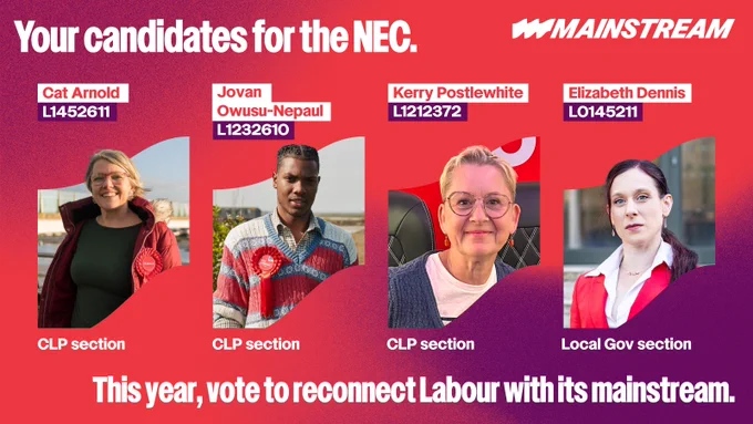 A red/purple gradient graphic with Mainstream's NEC candidates pictured and named with their membership numbers attached.

Your candidates for the NEC.

Kerry Postlewhite (CLP section)
L1212372

Jovan  Owusu-Nepaul (CLP section)
L1232610

Cat Arnold (CLP section)
L1452611

Elizabeth Dennis (Local Gov section)
L0145211

This year, vote to reconnect Labour with its mainstream.