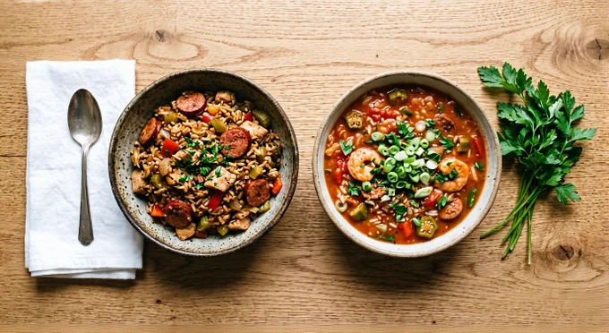 High-angle shot of two ceramic bowls on a light wood table. The left bowl contains dark-roux Cajun jambalaya with sausage; the right holds tomato-based Creole gumbo with scallions. Accented with a white linen napkin and fresh parsley.