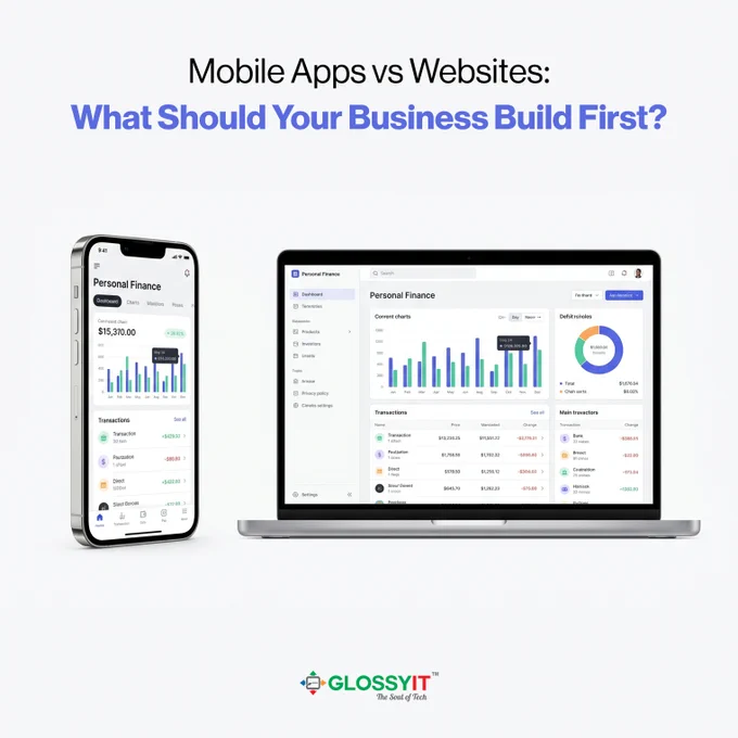 Centered layout with smartphone on left and laptop on right. Both showing UI screens. Clean white background. Balanced composition with comparison feel.