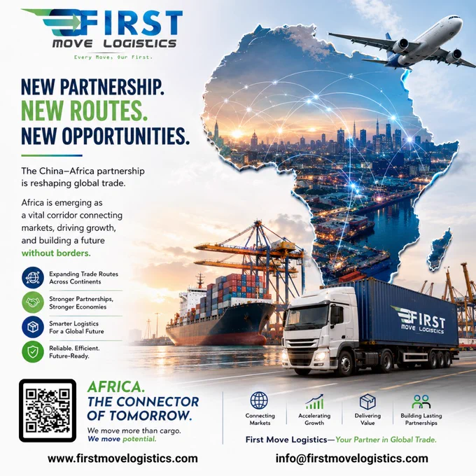 🌍🚢 New Partnership. New Routes. New Opportunities.

The growing China–Africa partnership is transforming global trade and creating new pathways for African businesses to connect with international markets.

Africa is rapidly becoming a strategic trade corridor — linking industries, expanding supply chains, and unlocking opportunities across sea, air, and land logistics.

✅ Expanding Trade Routes Across Continents
🤝 Stronger Partnerships & Economic Growth
📦 Smarter Logistics for Global Commerce
🚛 Reliable & Efficient Supply Chain Solutions

At First Move Logistics, we are committed to helping businesses move beyond borders with trusted freight forwarding, cargo handling, customs clearance, and end-to-end logistics support.
Africa is not just participating in global trade — it is helping shape its future.

🌐 Connect with us
🌍 www.firstmovelogistics.com
📧 info@firstmovelogistics.com

🔗 Our Social Handles

First Move Logistics
Facebook : https://www.facebook.com/firstmovelogistics
