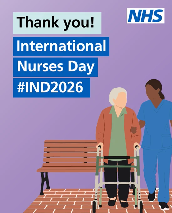 NHS graphic thanking nurses on International Nurses Day with a nurse assisting an elderly person using a walker beside a bench.
