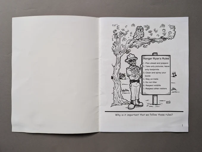 Illustration of Ranger Ryan standing by a tree with an owl, next to a sign listing seven park rules about safety and respect.