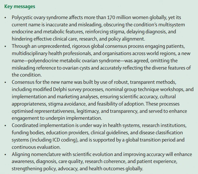 Key messages panel from a Health Policy published in The Lancet entitled \"Polyendocrine metabolic ovarian syndrome, the new name for polycystic ovary syndrome: a multistep global consensus process\". Copyright: 2026 The Author(s). Published by Elsevier Ltd. CC BY 4.0