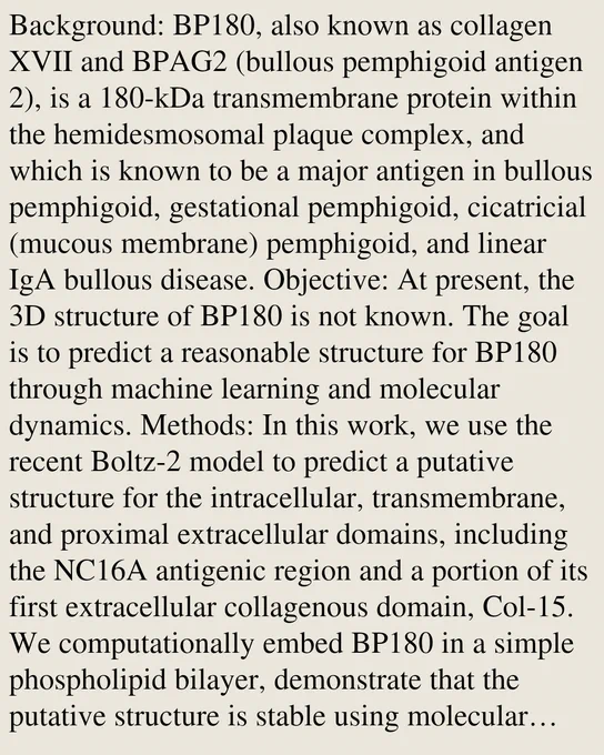Background: BP180, also known as collagen XVII and BPAG2 (bullous pemphigoid antigen 2), is a 180-kDa transmembrane protein within the hemidesmosomal plaque complex, and which is known to be a major antigen in bullous pemphigoid, gestational pemphigoid, cicatricial (mucous membrane) pemphigoid, and linear IgA bullous disease. Objective: At present, the 3D structure of BP180 is not known. The goal is to predict a reasonable structure for BP180 through machine learning and molecular dynamics. Methods: In this work, we use the recent Boltz-2 model to predict a putative structure for the intracellular, transmembrane, and proximal extracellular domains, including the NC16A antigenic region and a portion of its first extracellular collagenous domain, Col-15. We computationally embed BP180 in a simple phospholipid bilayer, demonstrate that the putative structure is stable using molecular dynamics, and analyze its allosteric properties. Results: The structures presented satisfy symmetry and se