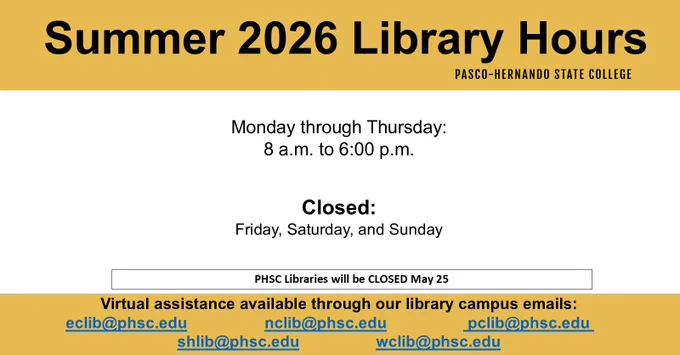 Sign with summer hours listed for all 5 campus libraries, open 8am to 6pm Monday through Thursday and closed Friday through Sunday, sign also indicates closure on May 25, sign provides contact information for all 5 campus libraries via email, #PHSCLibraries, #PHSCedu