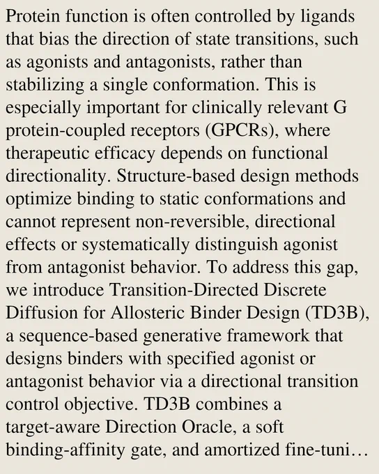 Protein function is often controlled by ligands that bias the direction of state transitions, such as agonists and antagonists, rather than stabilizing a single conformation. This is especially important for clinically relevant G protein-coupled receptors (GPCRs), where therapeutic efficacy depends on functional directionality. Structure-based design methods optimize binding to static conformations and cannot represent non-reversible, directional effects or systematically distinguish agonist from antagonist behavior. To address this gap, we introduce Transition-Directed Discrete Diffusion for Allosteric Binder Design (TD3B), a sequence-based generative framework that designs binders with specified agonist or antagonist behavior via a directional transition control objective. TD3B combines a target-aware Direction Oracle, a soft binding-affinity gate, and amortized fine-tuning of a pre-trained discrete diffusion model, enabling targeted agonist and antagonist generation decoupled from b