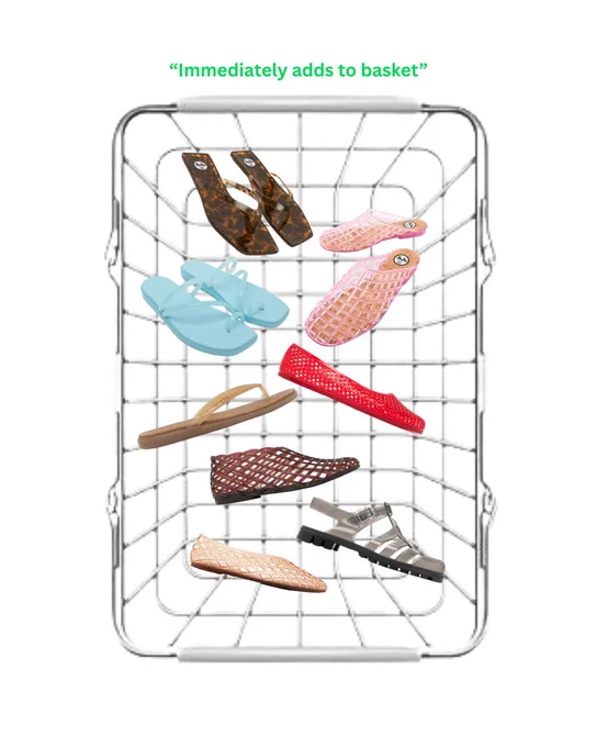 An image of a shopping basket with jelly shoes sitting in it on a white background.