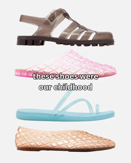 An image of four jelly shoes sitting on a white background with white text overlaying the image saying "these shoes were our childhood".