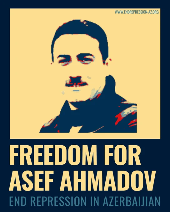 Poster with dark navy background and pale yellow horizontal band across centre. Pixelated portrait of a man in dark clothing, rendered in dark navy and pale yellow with red glitch effects. Text at top in teal: "WWW.ENDREPRESSION-AZ.ORG". Large yellow bold text below portrait reads "FREEDOM FOR ASEF AHMADOV". Small text at bottom in teal: "END REPRESSION IN AZERBAIJAN".