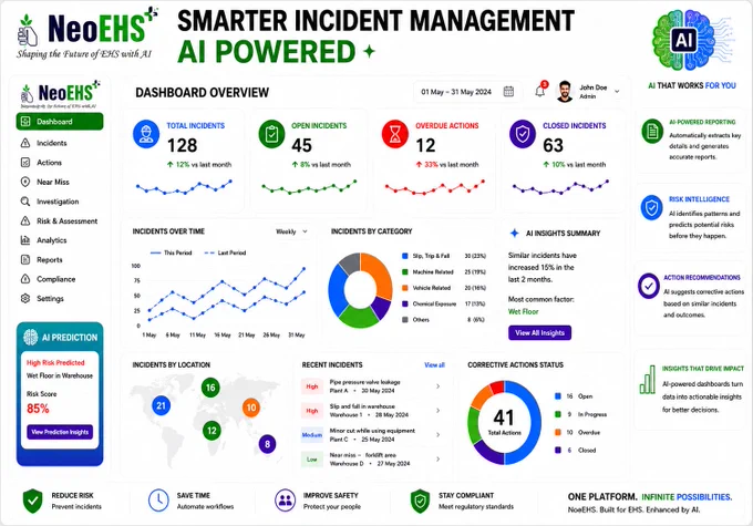 🚀 Smarter Incident Management. Powered by AI.
Introducing the next generation of EHS innovation with NeoEHS AI-Powered Incident Management Platform — designed to transform workplace safety through intelligent automation, predictive insights, and real-time analytics.
✅ AI-Powered Risk Prediction
✅ Intelligent Incident Tracking
✅ Automated Corrective Actions
✅ Real-Time Safety Dashboards
✅ Data-Driven Decision Making
✅ Faster Compliance & Reporting
With NeoEHS, organizations can proactively identify risks, reduce incidents, improve response time, and build a safer, smarter workplace.
🔹 Predict risks before they happen
🔹 Turn safety data into actionable insights
🔹 Improve operational efficiency with AI
One Platform. Infinite Possibilities.

#NeoEHS #AI #IncidentManagement #EHS #WorkplaceSafety #ArtificialIntelligence #SafetyManagement #DigitalTransformation #RiskManagement #Compliance #Industry40 #AIInnovation #SmartSafety #PredictiveAnalytics #SafetyTechnology