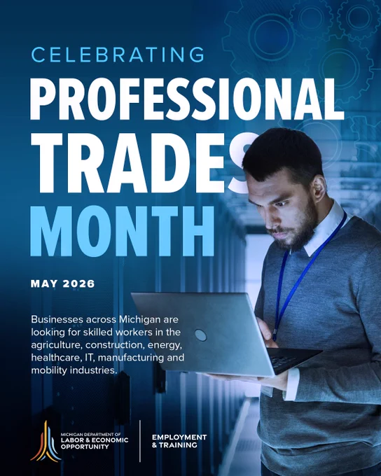 Celebrating Professional Trades Month graphic of young man holding a laptop while standing in a server room.