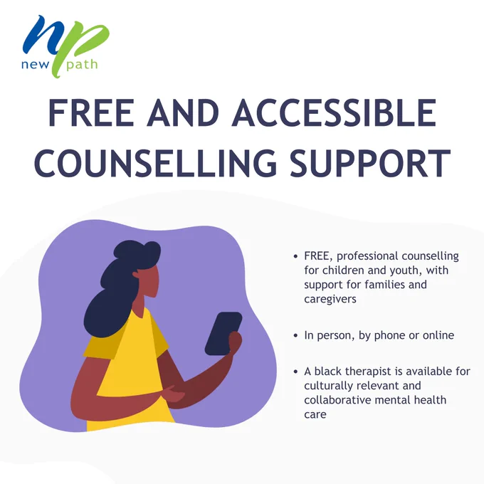 Illustration of a person holding a phone next to text about free, accessible counselling support for children, youth, and families by New Path.