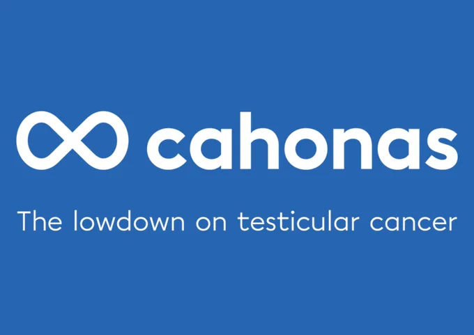 Cahonas Scotland logo, featuring the name in white font on a blue background. The strapline beneath reads: The lowdown on testicular cancer.