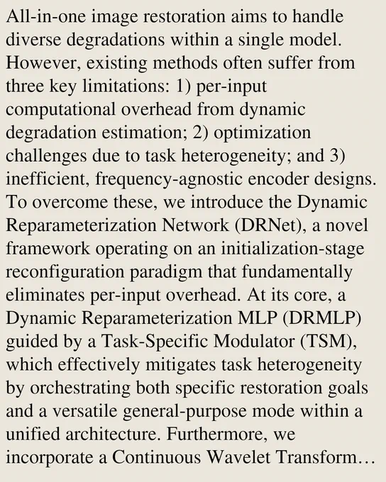 All-in-one image restoration aims to handle diverse degradations within a single model. However, existing methods often suffer from three key limitations: 1) per-input computational overhead from dynamic degradation estimation; 2) optimization challenges due to task heterogeneity; and 3) inefficient, frequency-agnostic encoder designs. To overcome these, we introduce the Dynamic Reparameterization Network (DRNet), a novel framework operating on an initialization-stage reconfiguration paradigm that fundamentally eliminates per-input overhead. At its core, a Dynamic Reparameterization MLP (DRMLP) guided by a Task-Specific Modulator (TSM), which effectively mitigates task heterogeneity by orchestrating both specific restoration goals and a versatile general-purpose mode within a unified architecture. Furthermore, we incorporate a Continuous Wavelet Transform Encoder (CWTE) that explicitly leverages frequency characteristics via wavelet decomposition for a lightweight yet powerful design. 