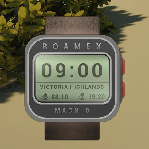 Retro-tech wristwatch UI from EXITRUN showing the time, location, and daylight info on a chunky square watch face.