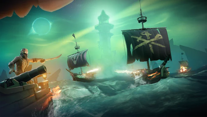 A group of Sloops engage in a fierce battle while sailing in the green hued environment of the Sea of the Damned.