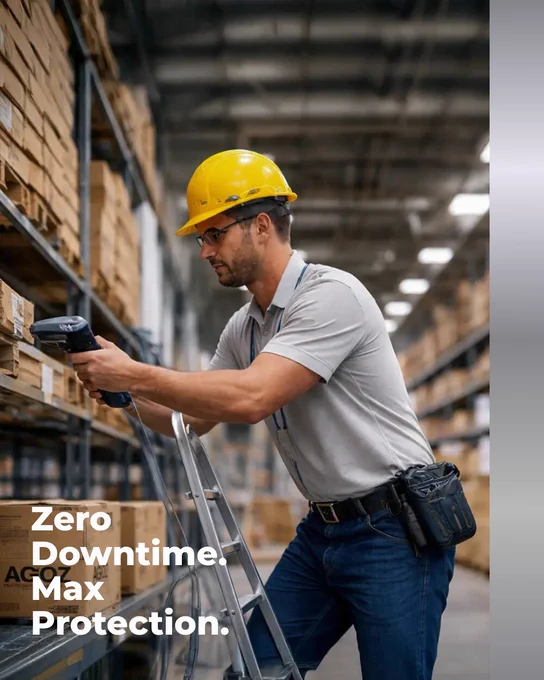 Warehouse worker scanning inventory with a handheld mobile computer while wearing a rugged AgozTech holster and case on a waist belt.