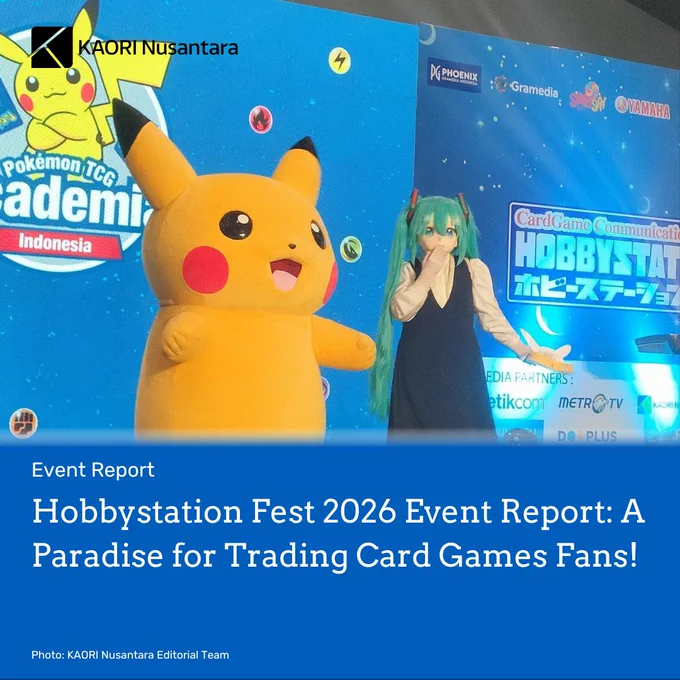 Header image from an article titled "Hobbystation Fest 2026 Event Report: A Paradise for Trading Card Games Fans!". The article title is written in white over blue background in the bottom half of the image. The picture shows the activity at the event. Copyright attribution KAORI Nusantara Editorial Team on the bottom left. The article is tagged "Event Report". The logo of KAORI Nusantara is on top left in black.