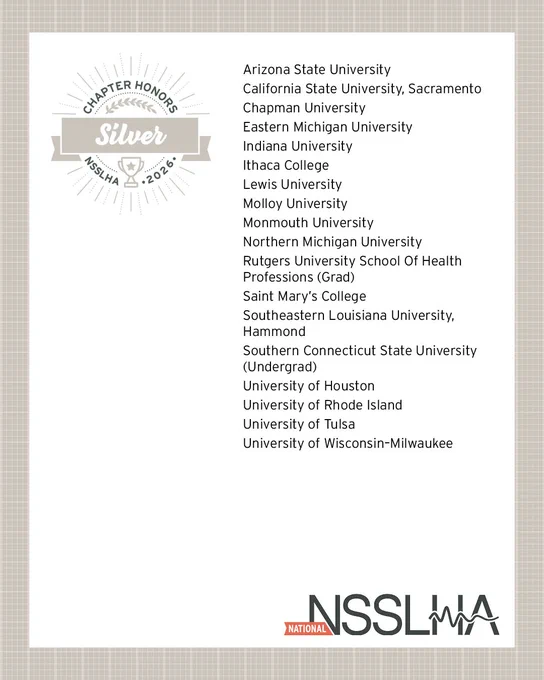 List of universities awarded the NSSLHA Chapter Honors Silver Award for 2026. Universities include Arizona State University, California State University Sacramento, Chapman University, Eastern Michigan University, Indiana University, Ithaca College, Lewis University, Molloy University, Monmouth University, Northern Michigan University, Rutgers University School of Health Professions (Grad), Saint Mary's College, Southeastern Louisiana University, Hammond, Southern Connecticut State University (Undergrad), University of Houston, University of Rhode Island, University of Tulsa, and University of Wisconsin-Milwaukee. Banner displays "Chapter Honors Silver 2026" with a ribbon design.