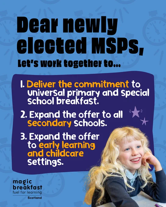 A bright blue background with bold black text reading, "Dear newly elected MSPs, let's work together to..." Listed below, in a dark blue box, are three commitments regarding school breakfast. 1. Deliver the commitment to universal primary and special school breakfast. 2. Expand the offer to all secondary schools. 3. Expand the offer to early learning and childcare settings. A child with long blonde hair in school uniform is smiling in the bottom right corner.