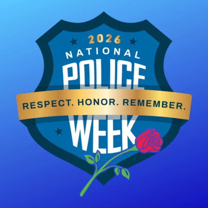 Light blue to dark blue from top to bottom gradient background. 2026 Police Week logo in center of post, which is a shield that says "2026 National Police Week" with a sash across it that reads "Respect. Honor. Remember." and a rose at the bottom of the shield.