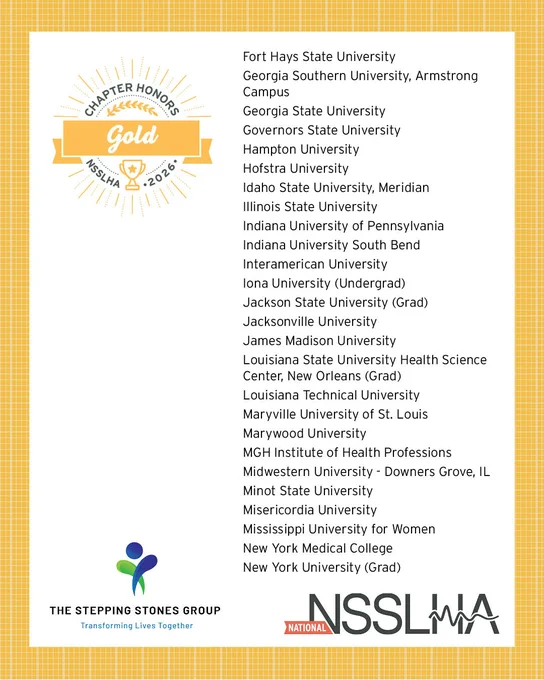 A graphic displaying a list of universities under the heading "Chapter Honors Gold, NSSLHA 2026." In the background, there is a circular gold badge. The Stepping Stones Group and NSSLHA logos are at the bottom.