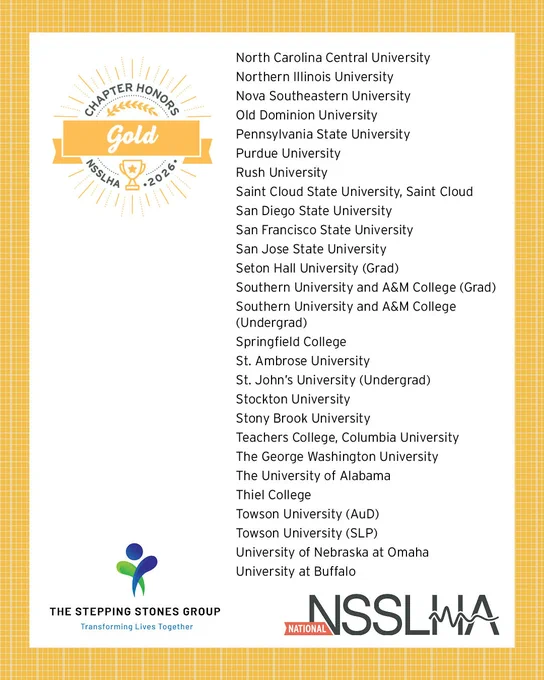 A graphic displaying a list of universities under the heading "Chapter Honors Gold, NSSLHA 2026." In the background, there is a circular gold badge. The Stepping Stones Group and NSSLHA logos are at the bottom.