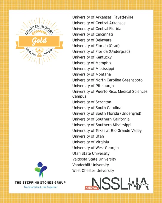 A graphic displaying a list of universities under the heading "Chapter Honors Gold, NSSLHA 2026." In the background, there is a circular gold badge. The Stepping Stones Group and NSSLHA logos are at the bottom.