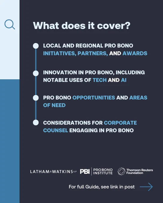A slide with the title 'What does it cover?' and accompanying text: Local and regional pro bono initiatives, partners, and awards, Innovation in pro bono, including notable uses of tech and AI, Pro bono opportunities and areas of need, Considerations for corporate counsel engaging in pro bono.