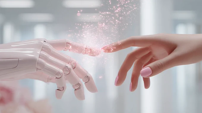Two hands reach toward each other in a soft glow of pink light. One is human, with delicate fingers and pink-painted nails. The other is a sleek robotic hand in white and rose-pink. Their fingertips are almost touching.