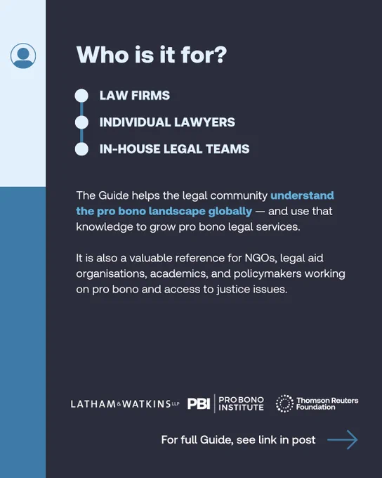 A slide with the title 'Who is it for?' and accompanying text: Law firms, Individual lawyers and In-house legal teams. The Guide helps the legal community understand the pro bono landscape globally — and use that knowledge to grow pro bono legal services. It is also a valuable reference for NGOs, legal aid organisations, academics, and policymakers working on pro bono and access to justice issues.