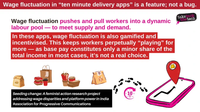 Wage fluctuation in “ten minute delivery apps” is a feature; not a bug.

Wage fluctuation pushes and pull workers into a dynamic labour pool — to meet supply and demand.

In these apps, wage fluctuation is also gamified and incentivised. This keeps workers perpetually “playing” for more — as base pay constitutes only a minor share of the total income in most cases, it’s not a real choice.

Seeding change: A feminist action research project addressing wage disparities and platform power in India
Association for Progressive Communications